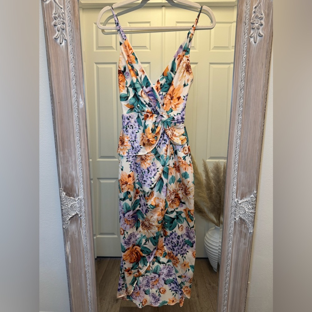 Express XS Floral Satin Twist Waist Hi-Lo Midi Dress